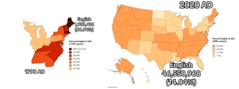 Mapa etniczna USA. Anglicy w 1790 i 2020 roku