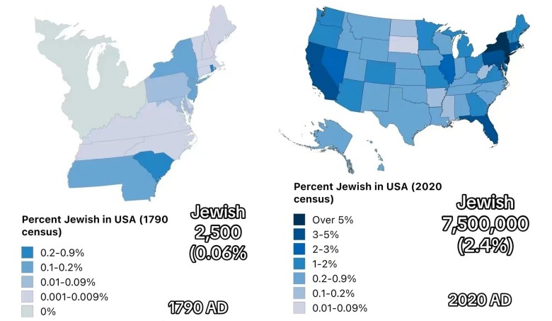 Mapa etniczna USA. Żydzi w 1790 i 2020 roku