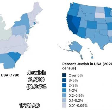 Mapa etniczna USA. Żydzi w 1790 i 2020 roku