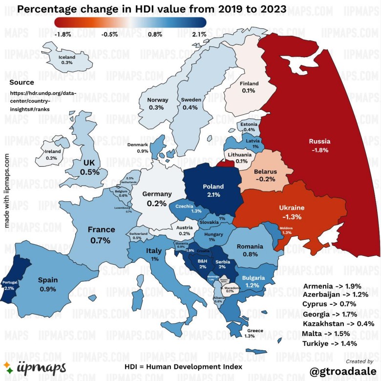 Wskaźnik rozwoju społecznego HDI (od ang. Human Development Index) Europy, 2019-2023