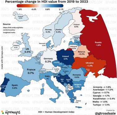Wskaźnik rozwoju społecznego HDI (od ang. Human Development Index) Europy, 2019-2023