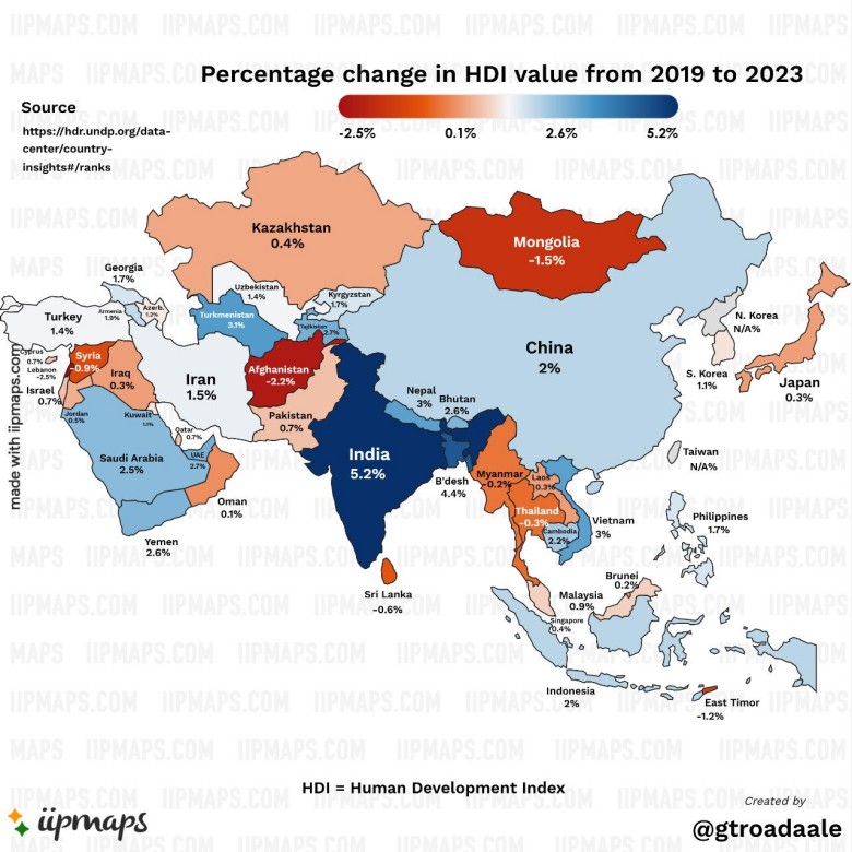 Wskaźnik rozwoju społecznego HDI (od ang. Human Development Index) Azji, 2019-2023