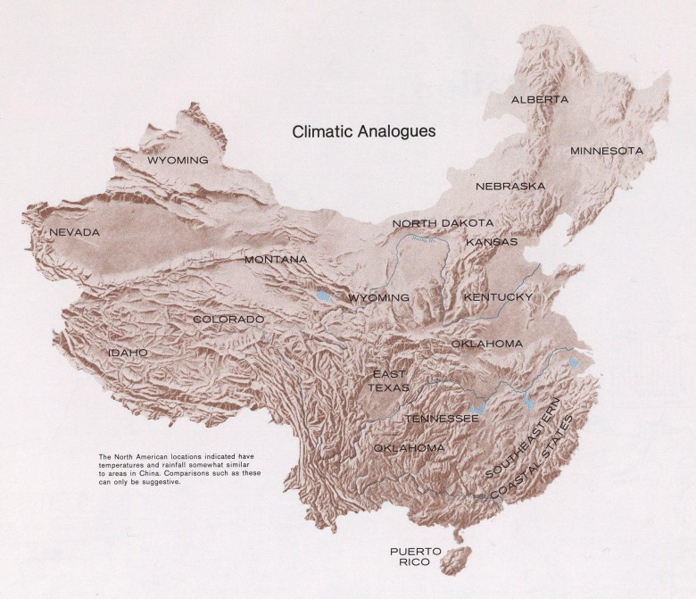 Mapa CIA przedstawiająca analogiczne obszary klimatyczne w USA i Chinach z 1971 r.