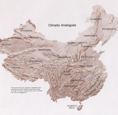 Mapa CIA przedstawiająca analogiczne obszary klimatyczne w USA i Chinach z 1971 r.