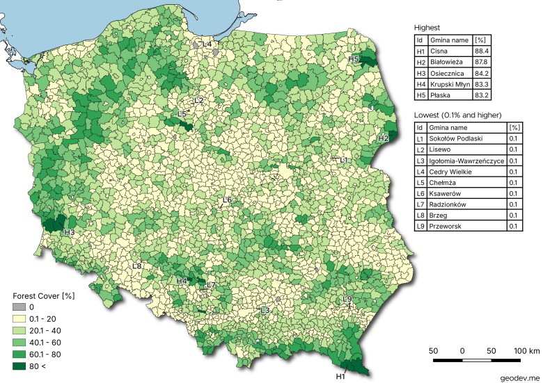 Zalesienie (lesistość) Polski z podziałem na gminy