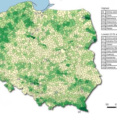 Zalesienie (lesistość) Polski z podziałem na gminy