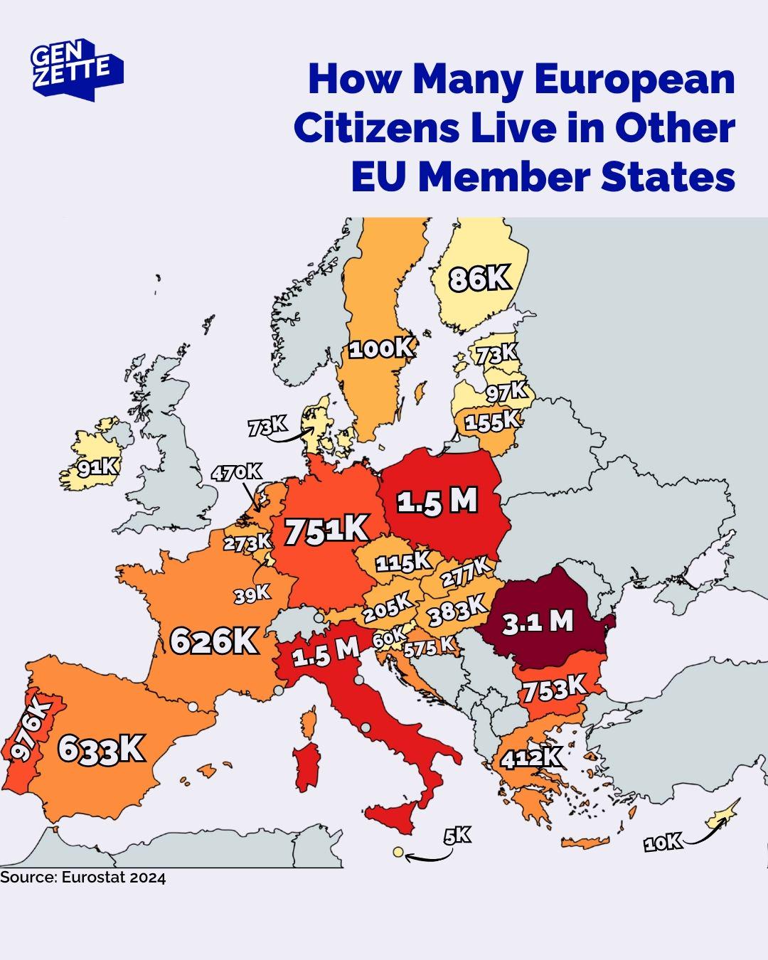 Ilu obywateli europejskich mieszka w innych państwach członkowskich Unii?, 2024, Eurostat