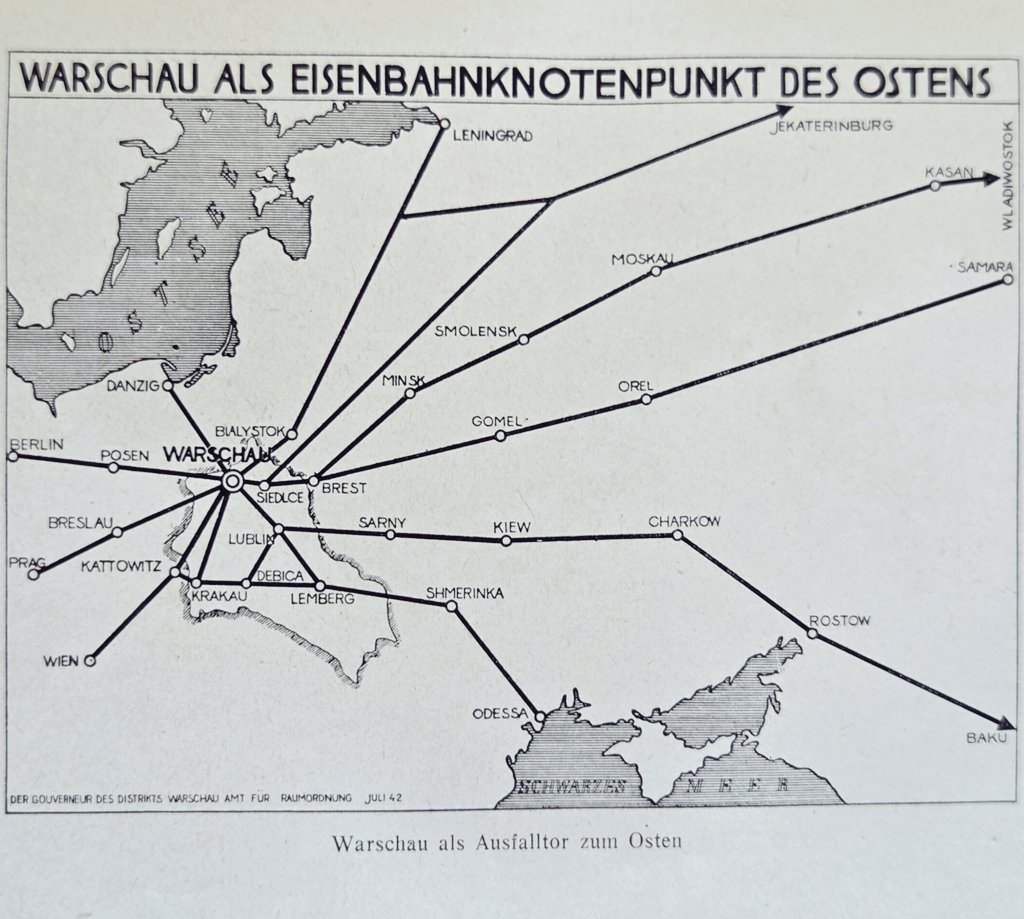 Warschau unter deutscher Herrschaft z 1942 roku i schemat pokazujący Warszawę jako kluczowy węzeł kolejowy