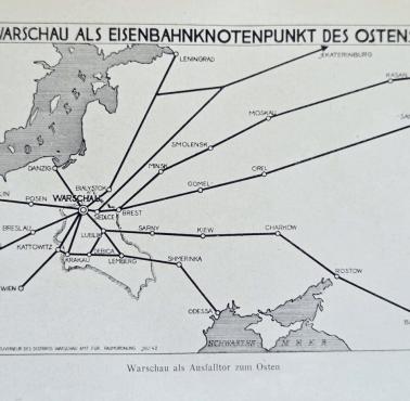 "Warschau unter deutscher Herrschaft" z 1942 roku i schemat pokazujący Warszawę jako kluczowy węzeł kolejowy