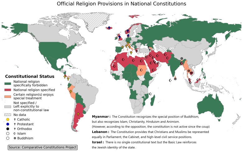 Które konstytucje wymieniają lub zakazują religii państwowej?