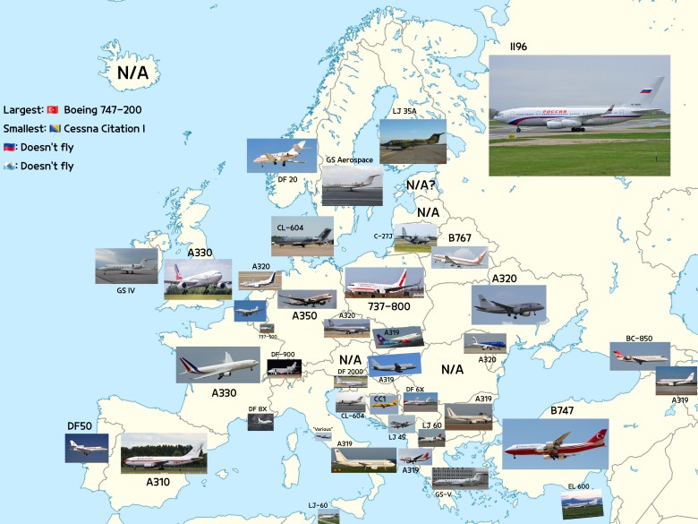 Rodzaje samolotów, którymi podróżują głowy państw w Europie, dane 2025