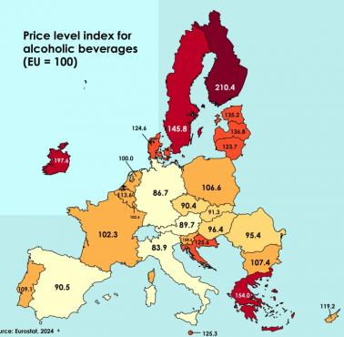 Ceny napojów alkoholowych w porównaniu ze średnią w Unii, 2024