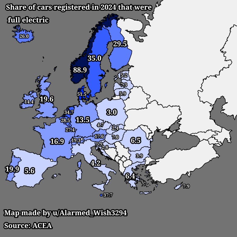 Odsetek samochodów zarejestrowanych w 2024 r. w Europie, które są w pełni elektryczne