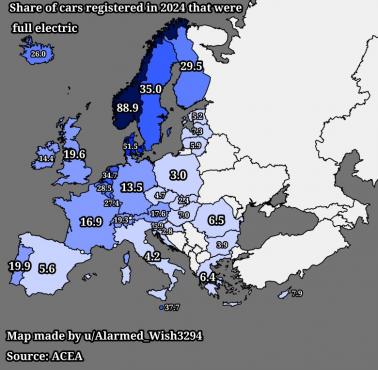 Odsetek samochodów zarejestrowanych w 2024 r. w Europie, które są w pełni elektryczne