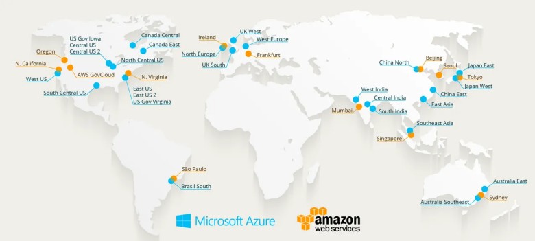 Mapa centrów danych Microsoft Azure i AWS, prawdopodobnie 2025