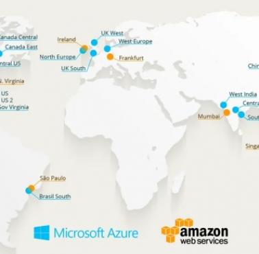 Mapa centrów danych Microsoft Azure i AWS, prawdopodobnie 2025