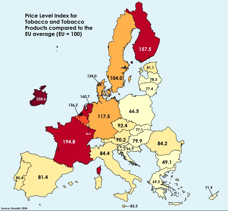 Ceny tytoniu i wyrobów tytoniowych w Unii Europejskiej w porównaniu ze średnią w Unii, 2024