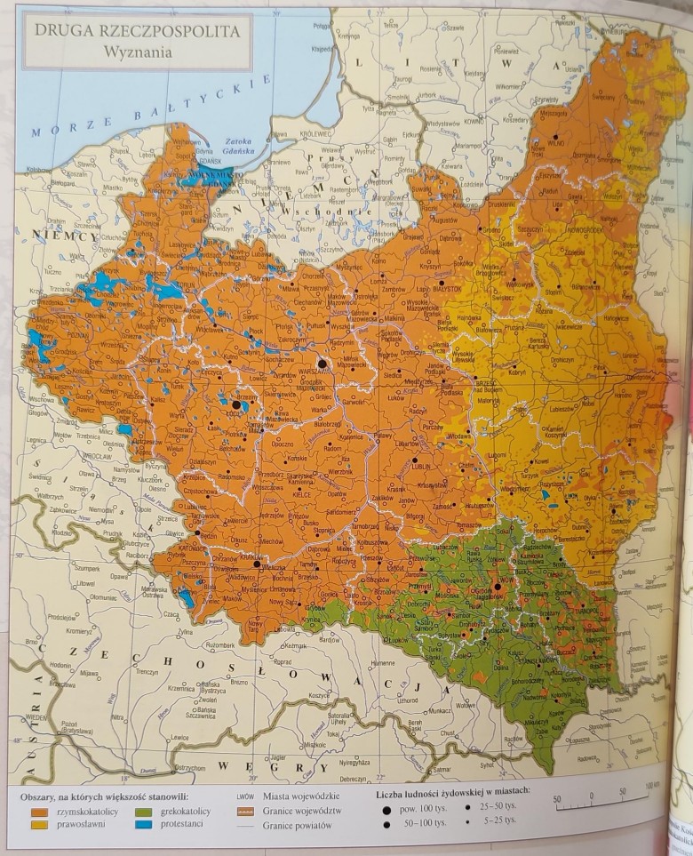 Mapa religijna (wyznania) II RP. Dominujące wyznania w II RP