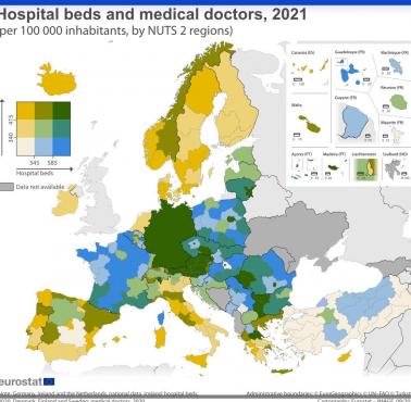 Liczba łóżek szpitalnych i lekarzy na mieszkańca w Europie na 100 tys. mieszkańców, 2021