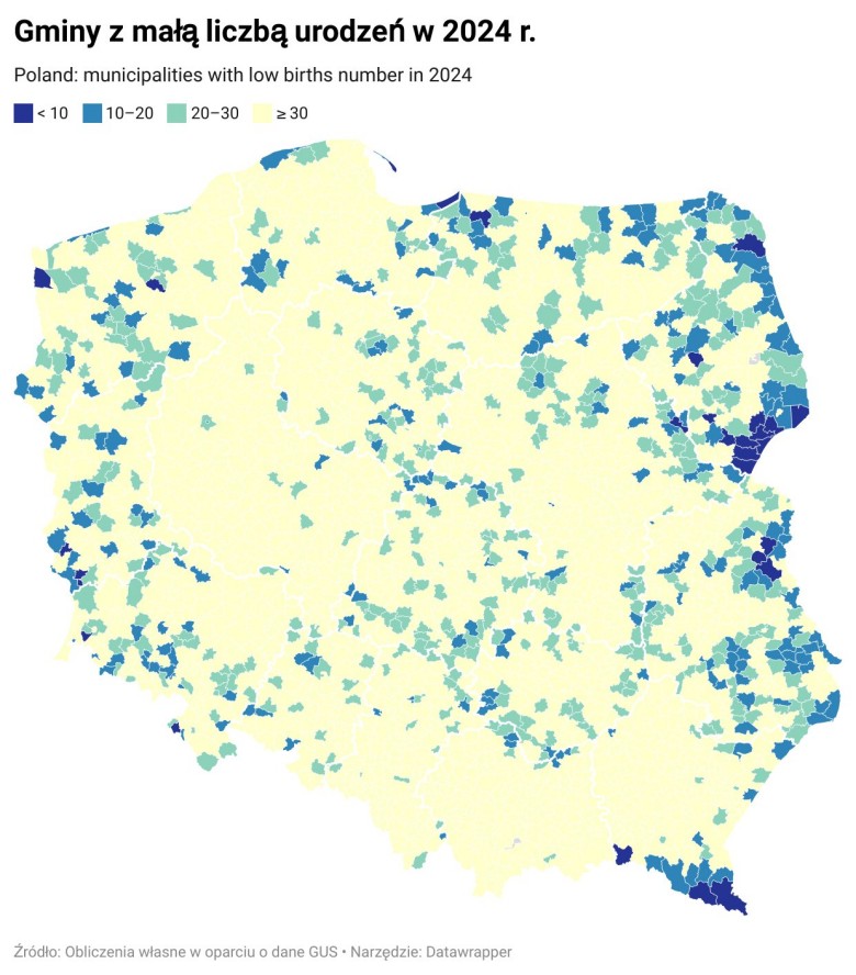 Gminy w Polsce z małą liczbą urodzeń, 2024