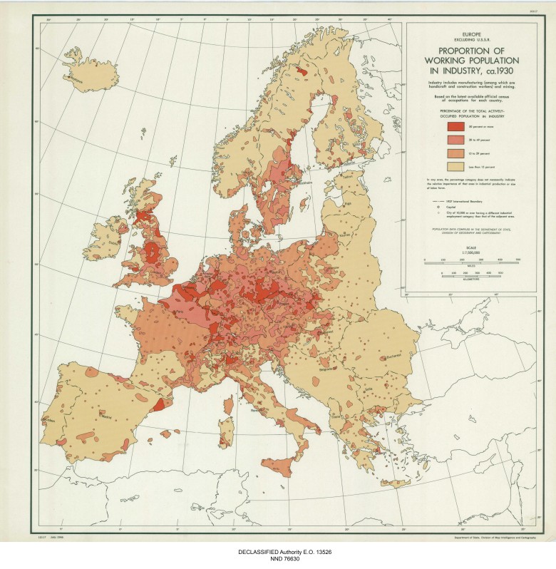 Europa Odsetek ludności aktywnej zawodowo zatrudnionej w przemyśle, ok. 1930 r.