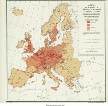 Europa Odsetek ludności aktywnej zawodowo zatrudnionej w przemyśle, ok. 1930 r.