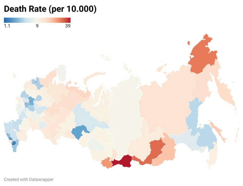 Liczba ofiar śmiertelnych rosyjskiej wojny na Ukrainie według obwodów Rosji (na 10 tys.), dane prawdopodobnie z 2025 roku