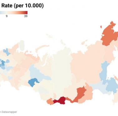 Liczba ofiar śmiertelnych rosyjskiej wojny na Ukrainie według obwodów Rosji (na 10 tys.), dane prawdopodobnie z 2025 roku