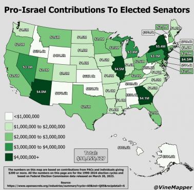 Wkład proizraelski na rzecz wybranych senatorów, lobby żydowskie w USA, 1990-2024