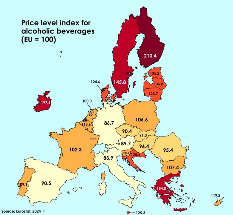 Indeks poziomu cen napojów alkoholowych w Europie, Eurostat, 2024