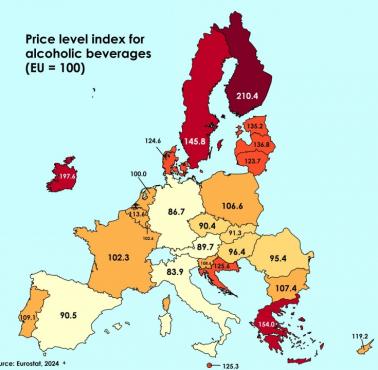Indeks poziomu cen napojów alkoholowych w Europie, Eurostat, 2024