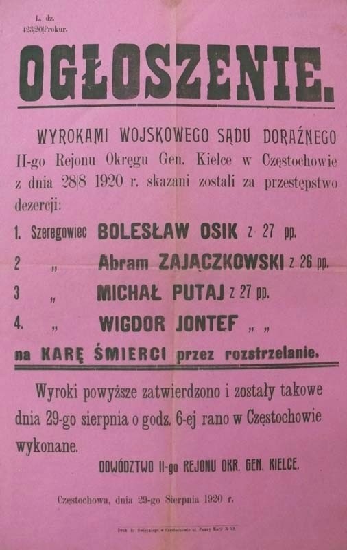Wyroki za dezercję z 1920 roku, Częstochowa