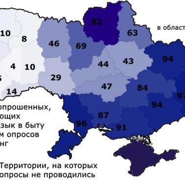 Odsetek Ukraińców według obwodów, którzy w 2019 r. używali języka rosyjskiego w życiu codziennym