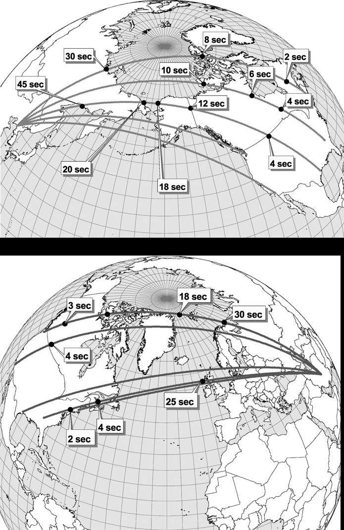 Mapy szacowanych trajektorii pocisków balistycznych (ICBM) wystrzelonych z Korei Północnej i Iranu w kierunku USA