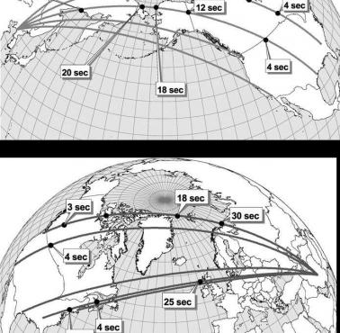 Mapy szacowanych trajektorii pocisków balistycznych (ICBM) wystrzelonych z Korei Północnej i Iranu w kierunku USA