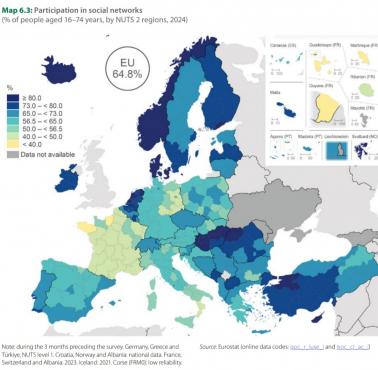 Korzystanie z sieci społecznościowych (odsetek osób w wieku 16–74 lat, według regionów NUTS 2), 2024