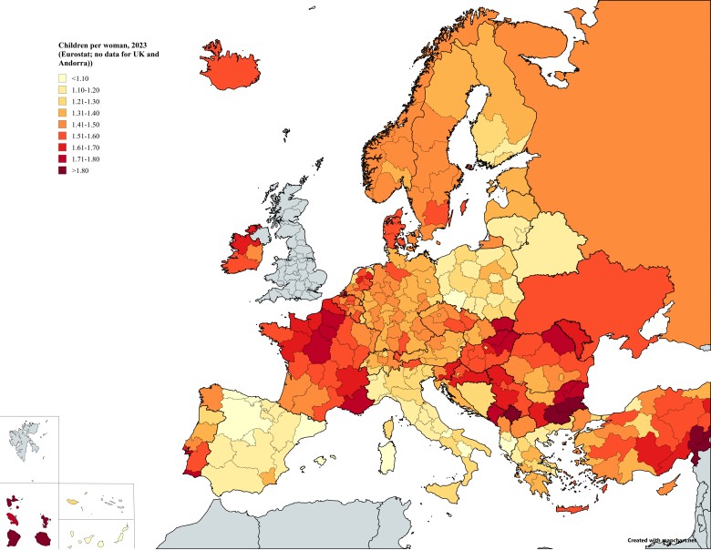 Liczba dzieci na kobietę (dzietność) w Europie w 2023