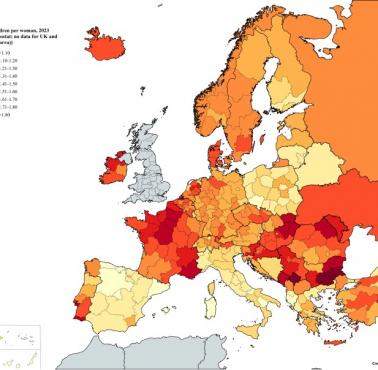 Liczba dzieci na kobietę (dzietność) w Europie w 2023