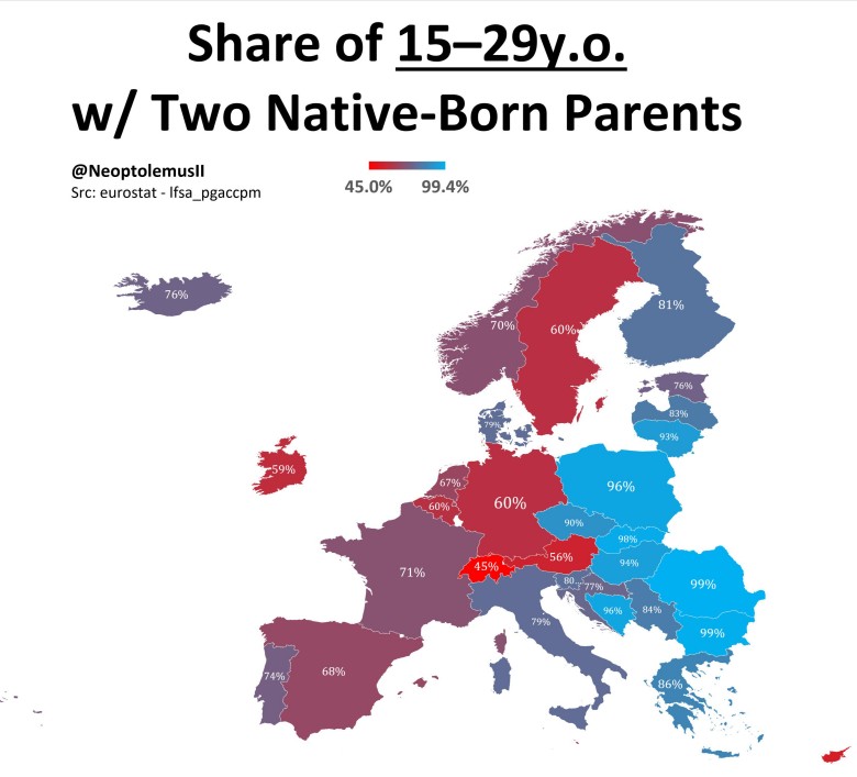 Odsetek osób w wieku 15–19 lat w Europie, których oboje rodzice urodzili się w kraju, prawdopodobnie dane z 2025 r.