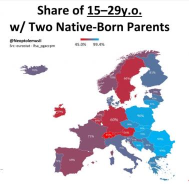 Odsetek osób w wieku 15–19 lat w Europie, których oboje rodzice urodzili się w kraju, prawdopodobnie dane z 2025 r.
