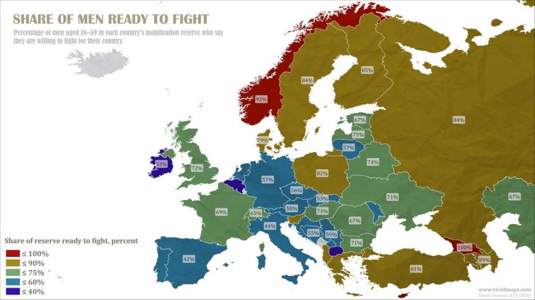 Odsetek mężczyzn gotowych do walki (odsetek rezerwistów gotowych do obrony swojego kraju), 2025, Eurostat