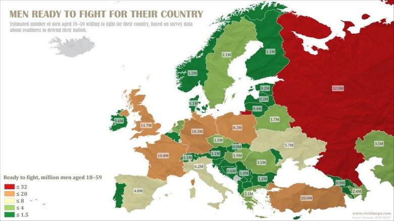 Liczba mężczyzn gotowych walczyć za swój kraj, 2025, Eurostat