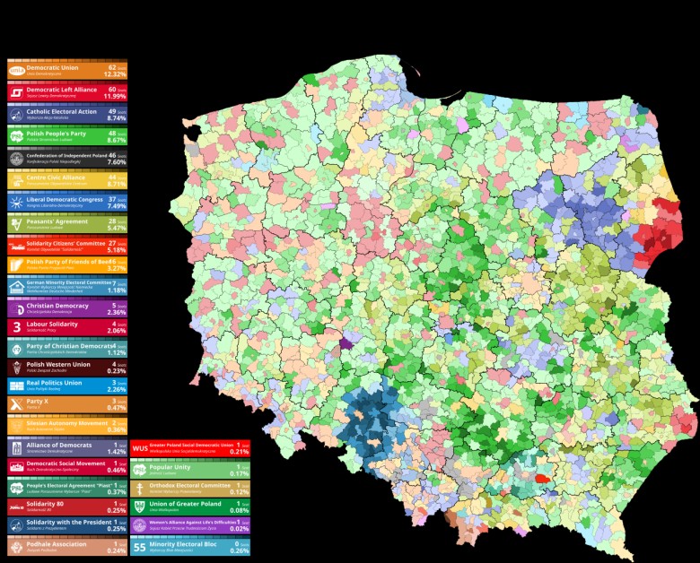Pierwsze wybory po upadku PRL-u w 1991 r. W wyborach wzięło udział ponad 100 partii, organizacji i komitetów
