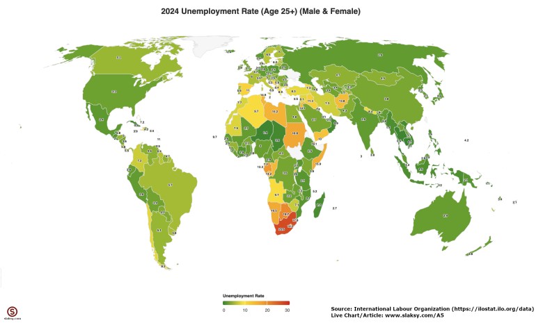 Stopa bezrobocia (osoby 25+) na świecie, 2025
