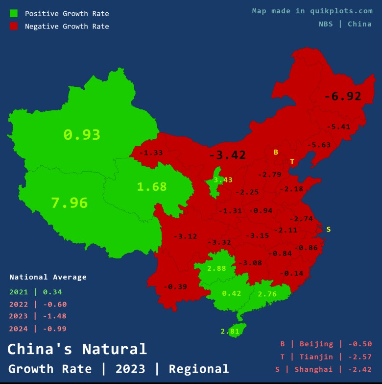 Mapa dzietności Chin z podziałem na prowincje, 2023