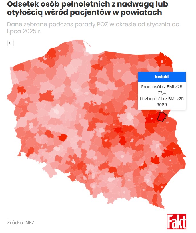 Współczynnik otyłości w Polsce z podziałem na powiaty, 2025