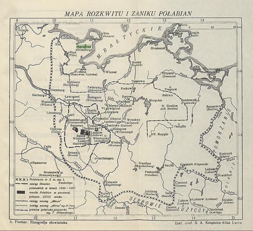 Mapa powstania i upadku Słowian nad Łabą (Połabian), „Etnografia Słowiańska” Adam Fisher 1932