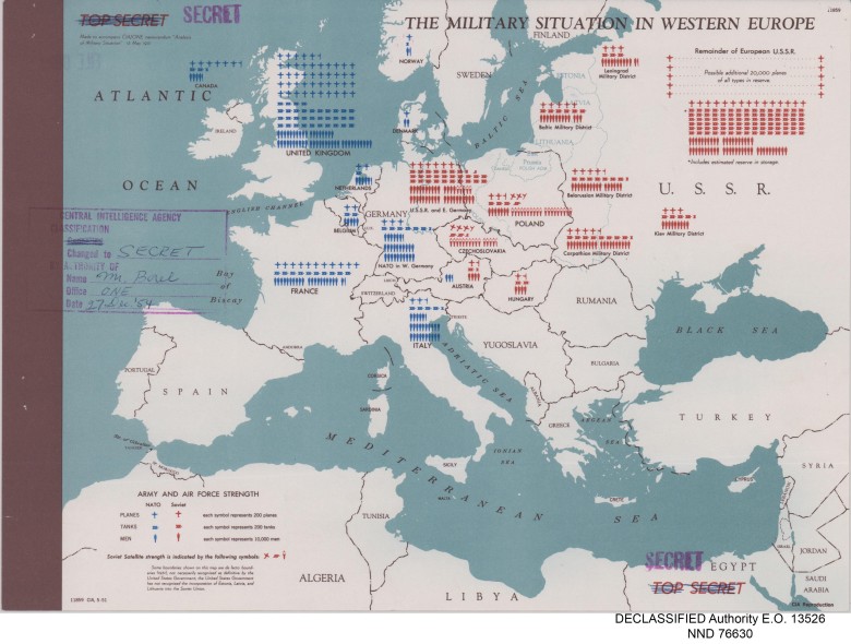 Sytuacja militarna w Europie Zachodniej. Liczba wojsk w poszczególnych państwach, CIA, maj 1951 r.