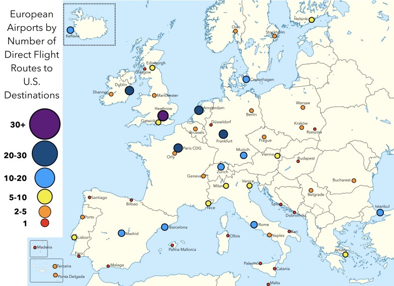 Europejskie lotniska z bezpośrednimi lotami do USA, prawdopodobnie dane z 2025