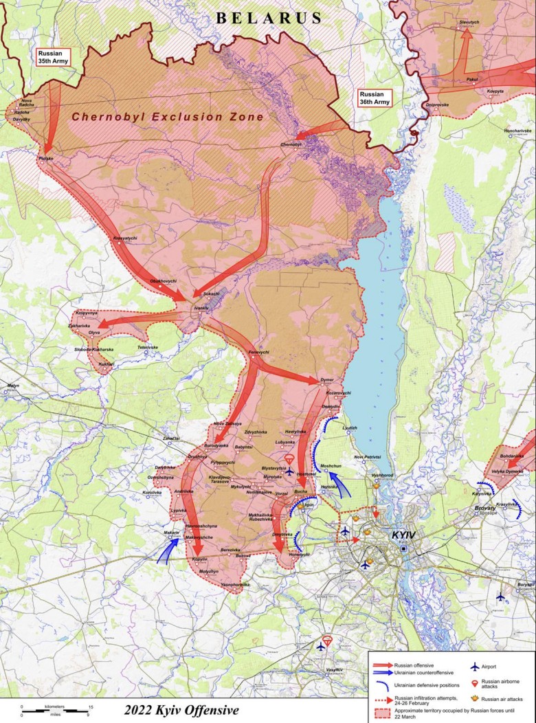 Rosyjski atak na Kijów przez strefę zamkniętą Czarnobyla, 2022